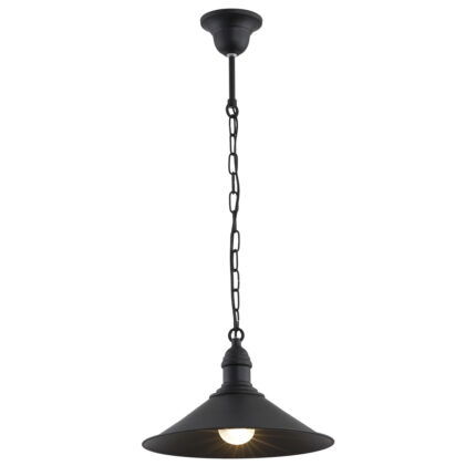 Terba matt black pendant lamp with chain suspension and fluted cone shade.