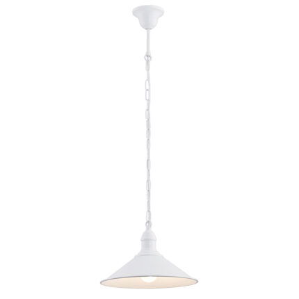 Terba white pendant lamp with chain suspension and fluted cone shade.