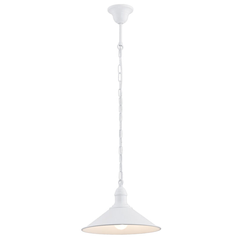 Terba white pendant lamp with chain suspension and fluted cone shade.