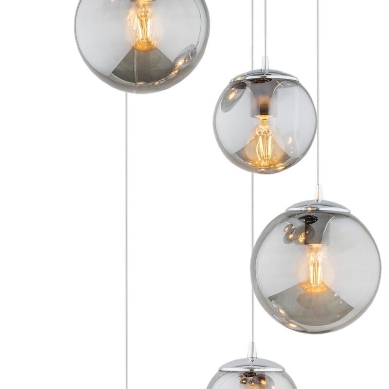 tica multi drop pendant light, 6 lamp, grey glass, polished chrome 55.5cm width