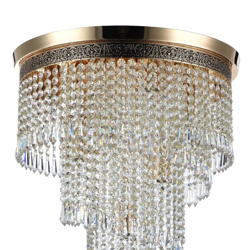 cascade tiered 7 lamp ceiling light, gold, metal, crystal, 47.5cm height