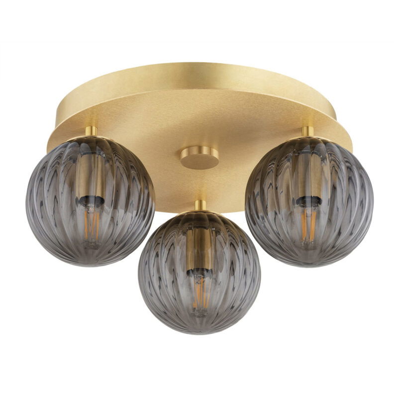 Unlit brass Loma ceiling light showing smoked glass ribbed shades and LED bulbs.