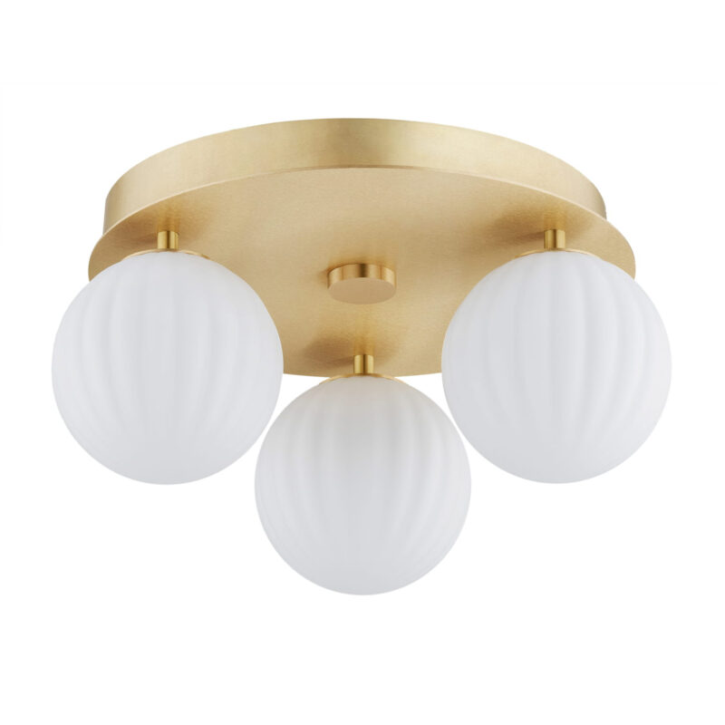 Unlit brass Loma ceiling light showing opal white glass ribbed shades.