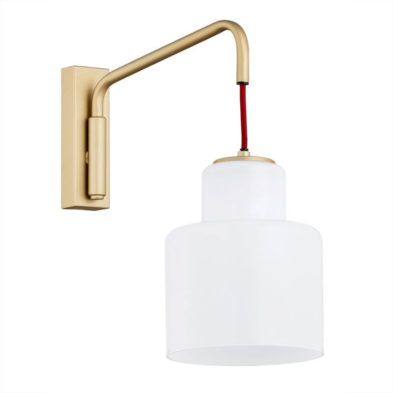 Unua wall light side view showing red fabric cable and extended arm position.