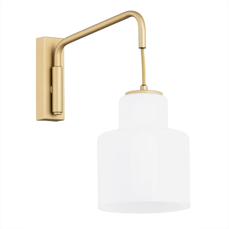 Unua wall light side view showing swing arm extended with gold fabric cable.