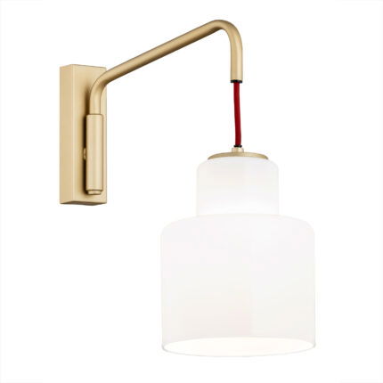 Unua wall light with gold finish, opal glass shade, and red fabric cable.
