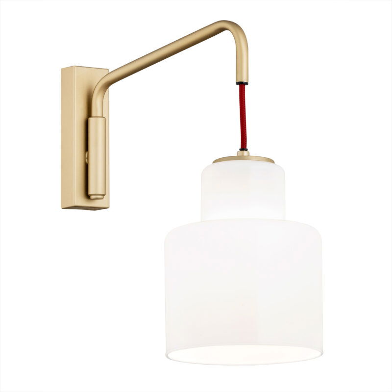 Unua wall light with gold finish, opal glass shade, and red fabric cable.