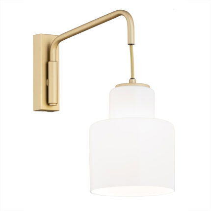 Unua swing arm wall light with gold finish and white opal glass shade.