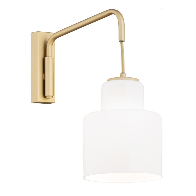 Unua swing arm wall light with gold finish and white opal glass shade.