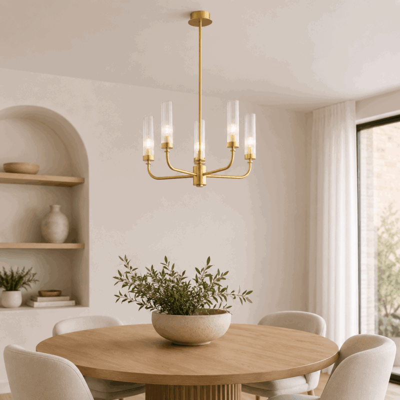 brezton 5 lamp chandelier, brushed brass, ribbed glass, 50cm wide