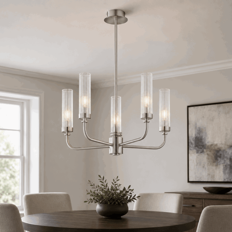brezton 5 lamp chandelier, brushed nickel, ribbed glass, galvanised steel, 50cm wide