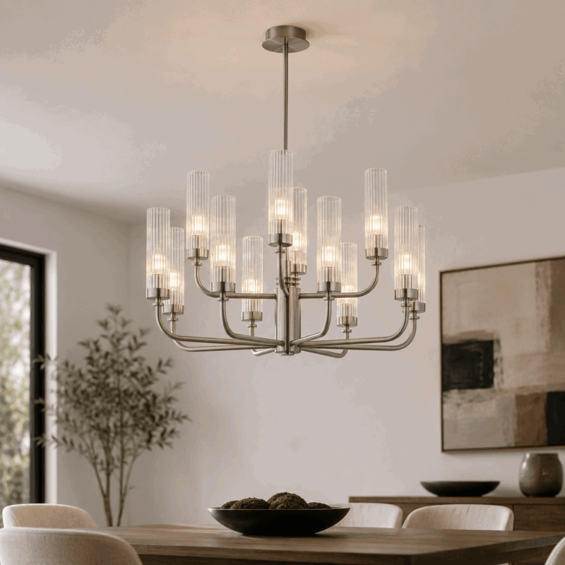 brezton 12 light armed chandelier, brushed nickel, two tiers, ribbed glass, 65cm wide