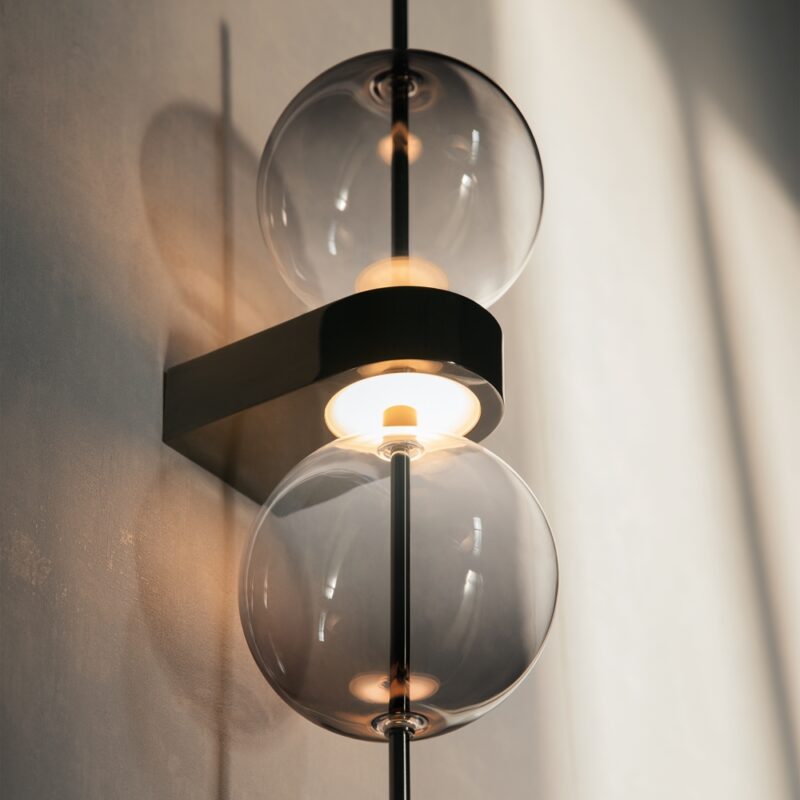 double moon black led wall light, smoked glass, 3000k, 8w, 12cm wide