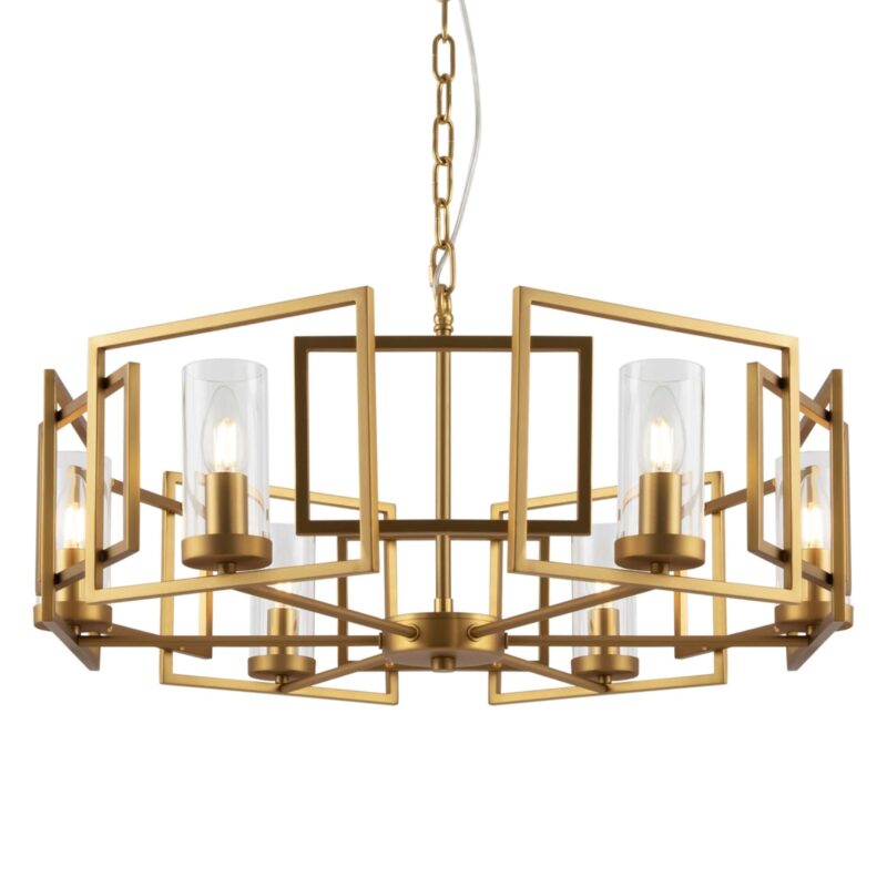bowi 6 lamp chandelier, gold metal frame, clear glass, 65.6cm wide