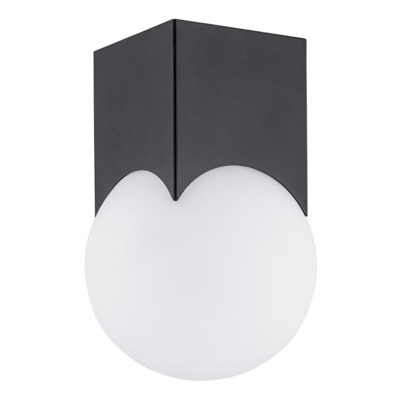 Black Ustin ceiling light showing cube mount and opal glass sphere.
