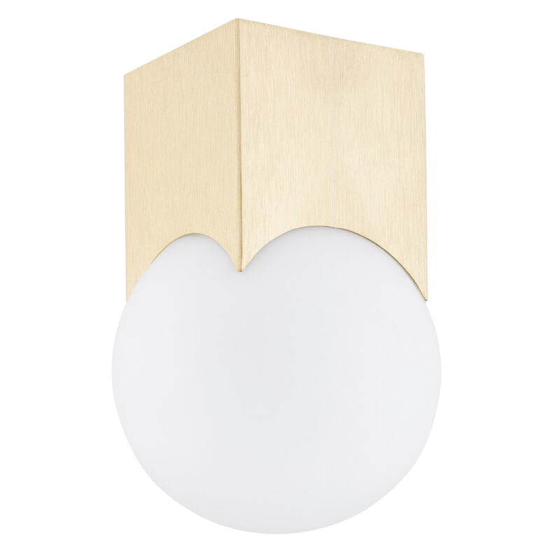 Straight-on view of the Ustin flush ceiling lamp in brushed brass with an opal glass globe shade.