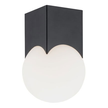 Black Ustin ceiling light with opal glass sphere below cube mount.