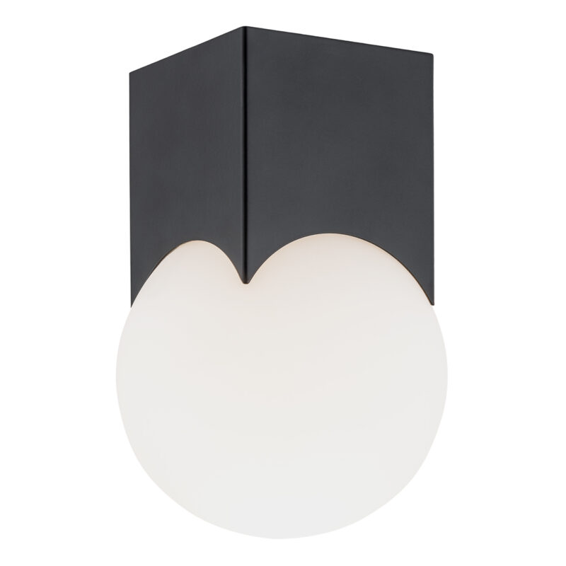 Black Ustin ceiling light with opal glass sphere below cube mount.