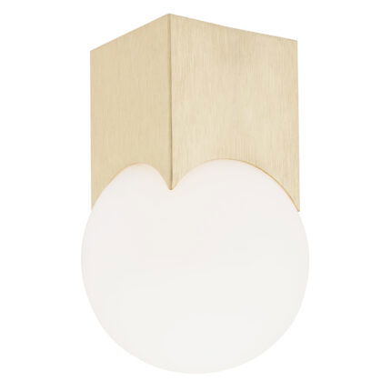 Front view of the Ustin flush ceiling lamp in brushed brass with an opal glass globe shade.