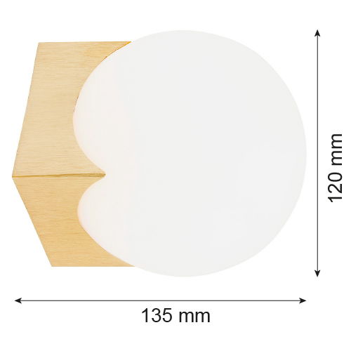 Brushed brass Ustin wall lamp showing 135mm width and 120mm sphere height.