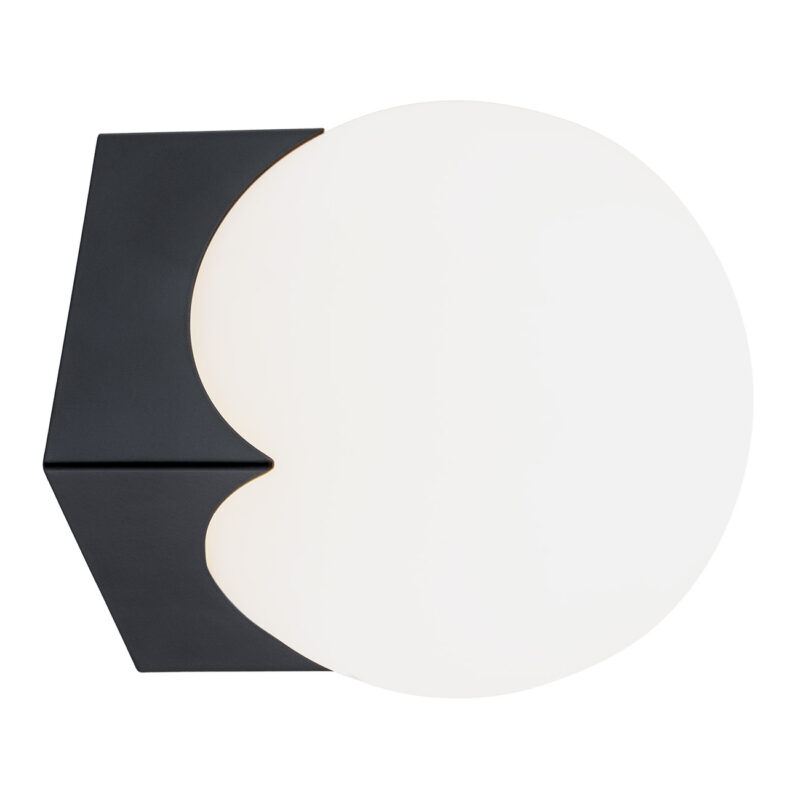 Black Ustin wall light with opal glass globe shade and hexagonal mounting plate.