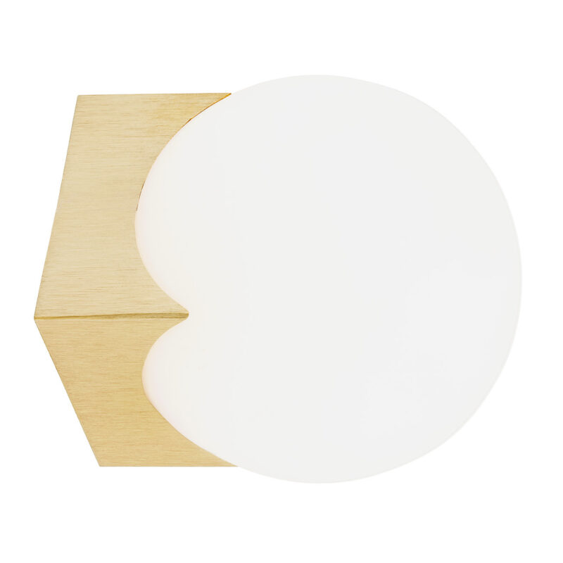 Brushed brass Ustin wall lamp with opal glass sphere on geometric mount.