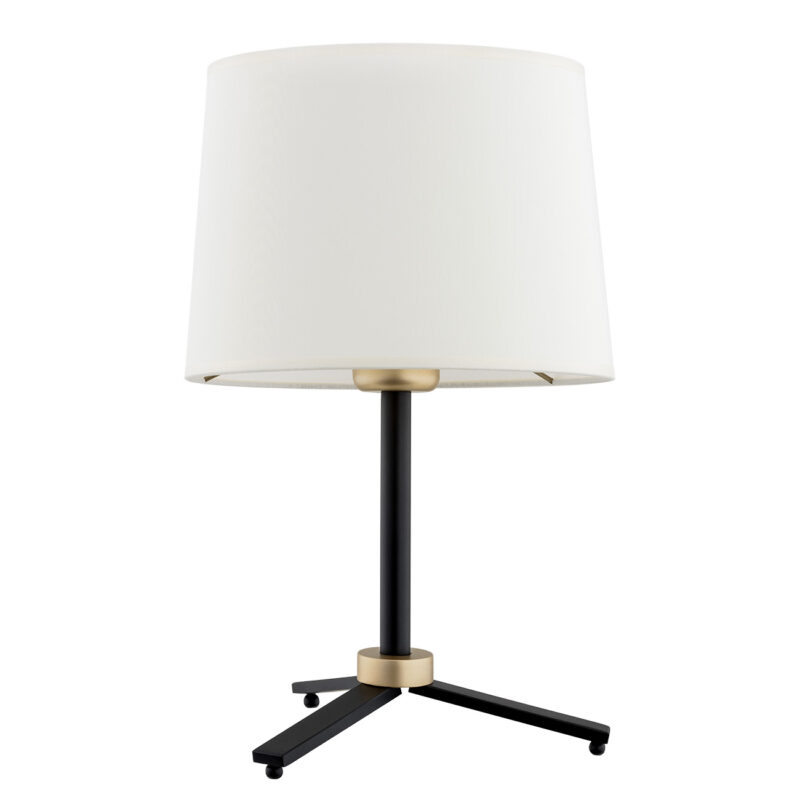 Black Valino table lamp close-up showing cream fabric shade and black stem with gold accents.