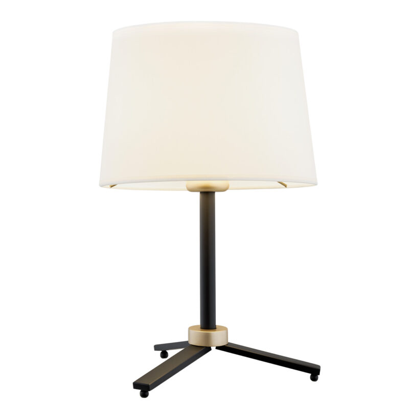 Black Valino table lamp with cream fabric shade and three-legged black steel base.