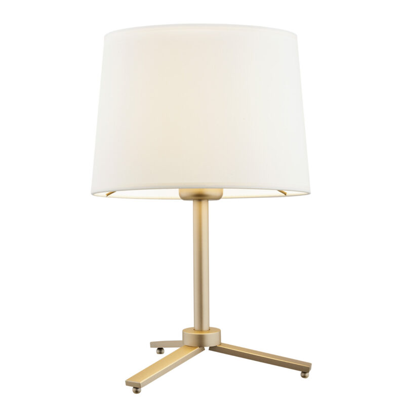 Gold Valino table lamp with cream fabric shade and three-legged base.