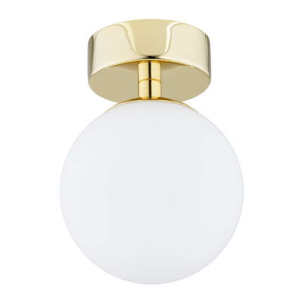Vio IP44 flush ceiling light with white opal glass sphere and brass mounting plate.