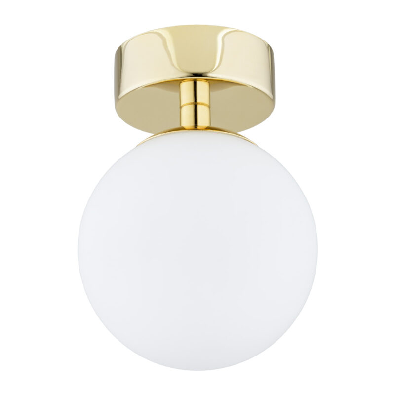 Vio IP44 flush ceiling light with white opal glass sphere and brass mounting plate.