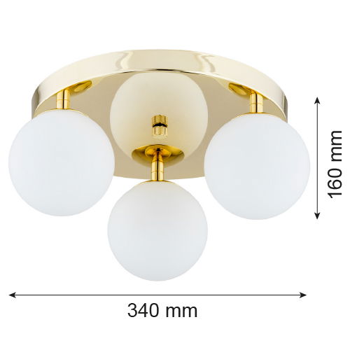 Vio round ceiling light side view showing glass spheres and brass mounting detail.