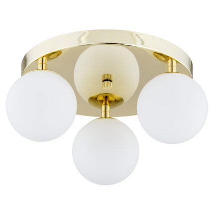 Vio round ceiling light with three opal glass spheres on brass plate.