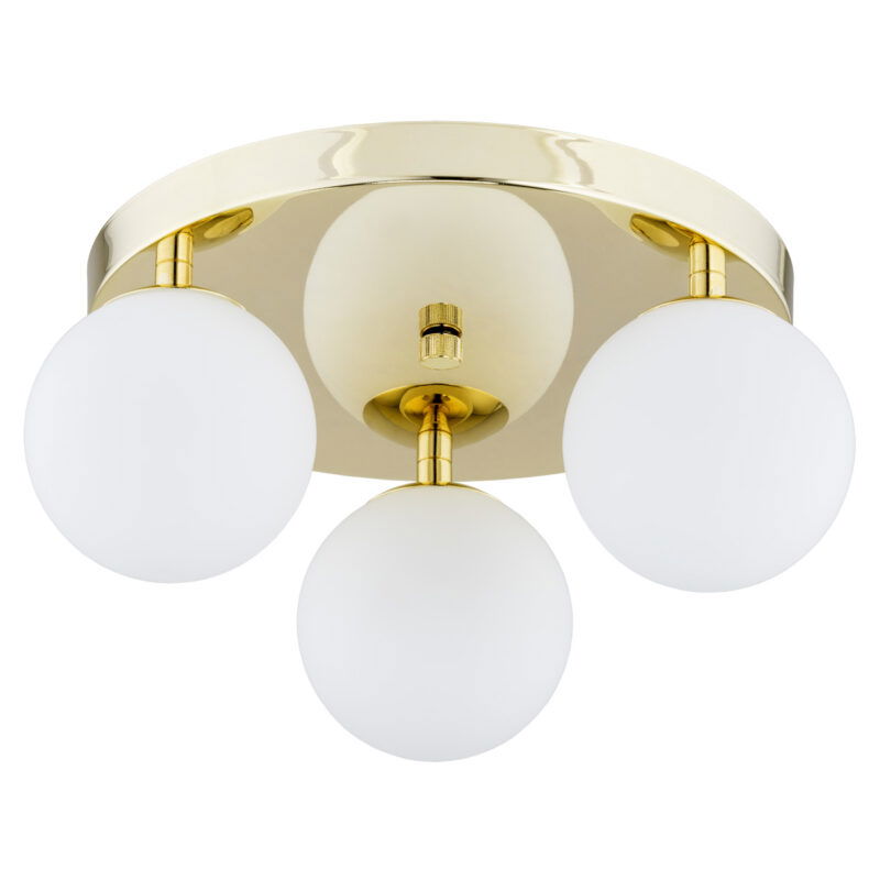Vio 3-light round ceiling lamp with opal glass spheres on circular brass plate.