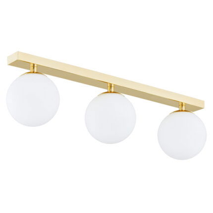 Vio linear ceiling light with three opal glass spheres on brass bar.