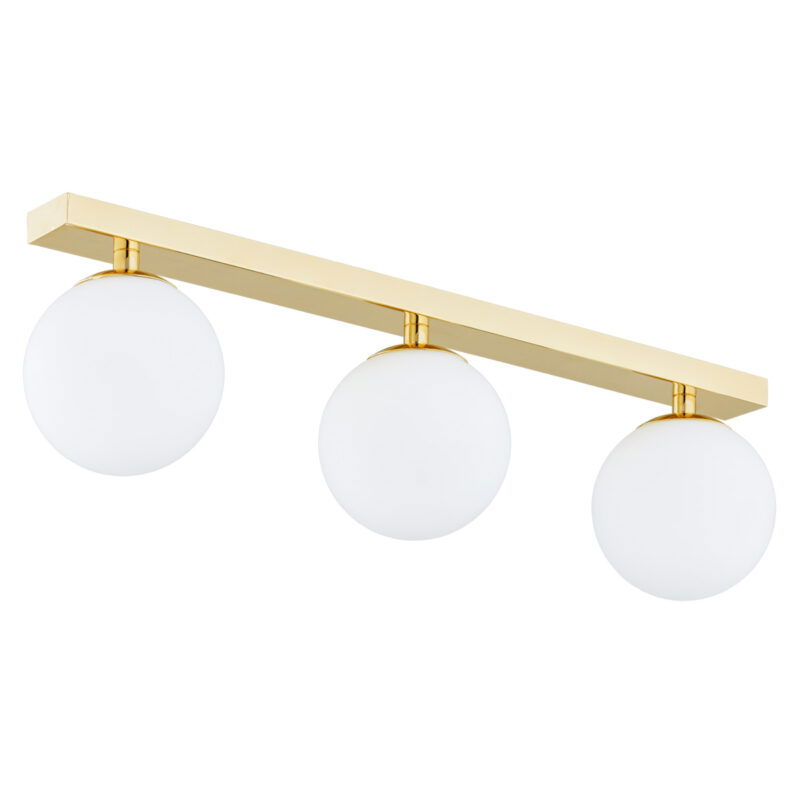 Vio 3-lamp ceiling light with opal glass spheres on linear brass bar.