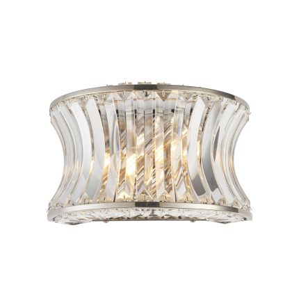 Front facing view of the Ares Wall Lamp with nickel finish, crystal clear glass, and two lights on a white background, light bulbs turned on.