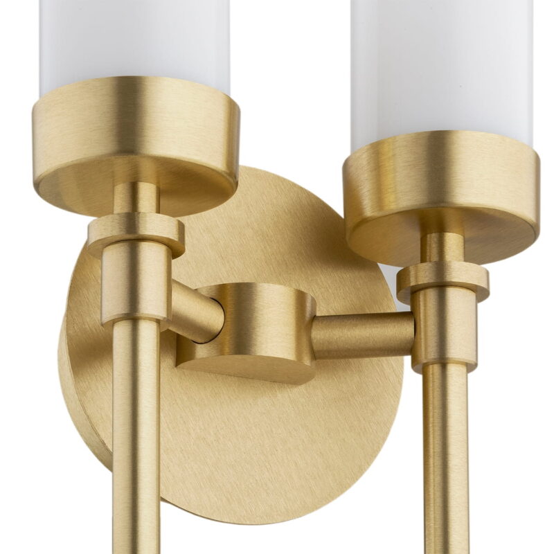 brezton 2 lamp long wall light, brushed brass, frosted glass, 14cm wide