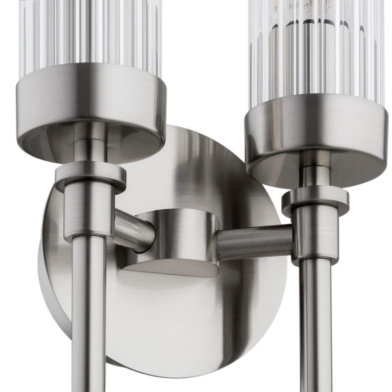 brezton 2 light long wall lamp, brushed nickel, clear ribbed glass, steel, 14cm wide