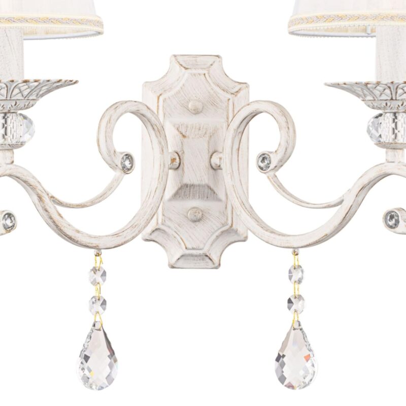 grace 2 light wall lamp, white metal, fabric shades, 39cm wide