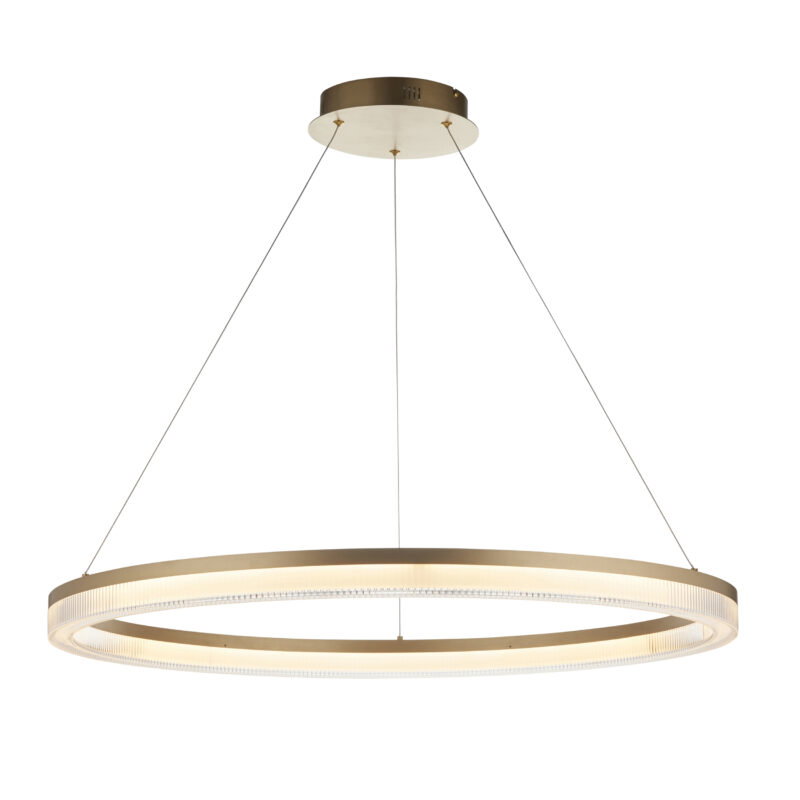 Warm White Pendant Single Steel & Aluminium & Acrylic Brushed gold plated finish & opal ribbed acrylic