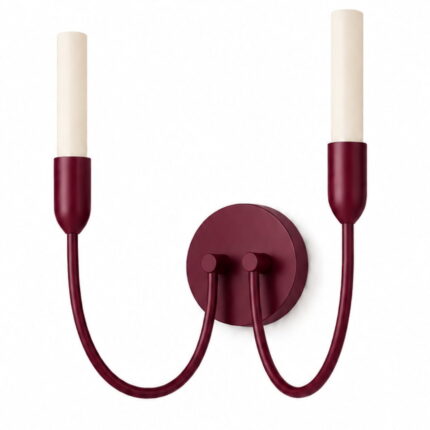 argust burgundy wall lamp, 2 light, steel, white glass shades, 21cm wide