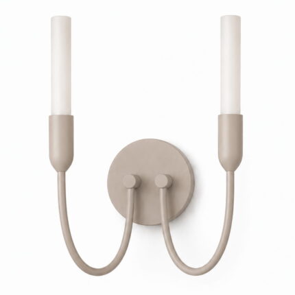 argust taupe wall light, 2 lamp, steel, white glass shades, 21cm wide