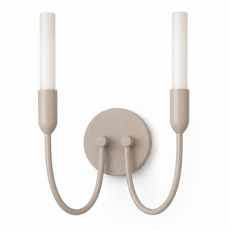 argust taupe wall light, 2 lamp, steel, white glass shades, 21cm wide