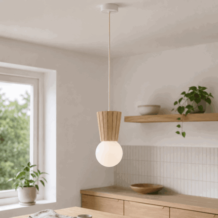 foltant single pendant lamp, light wood, opal glass shade, 12cm wide