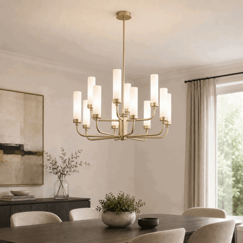 brezton 12 light armed chandelier, brushed brass, two tiers, milk glass, 65cm wide