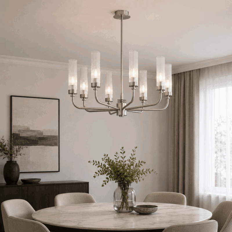 brezton 8 light chandelier, brushed nickel, ribbed glass, galvanised steel, 65cm wide