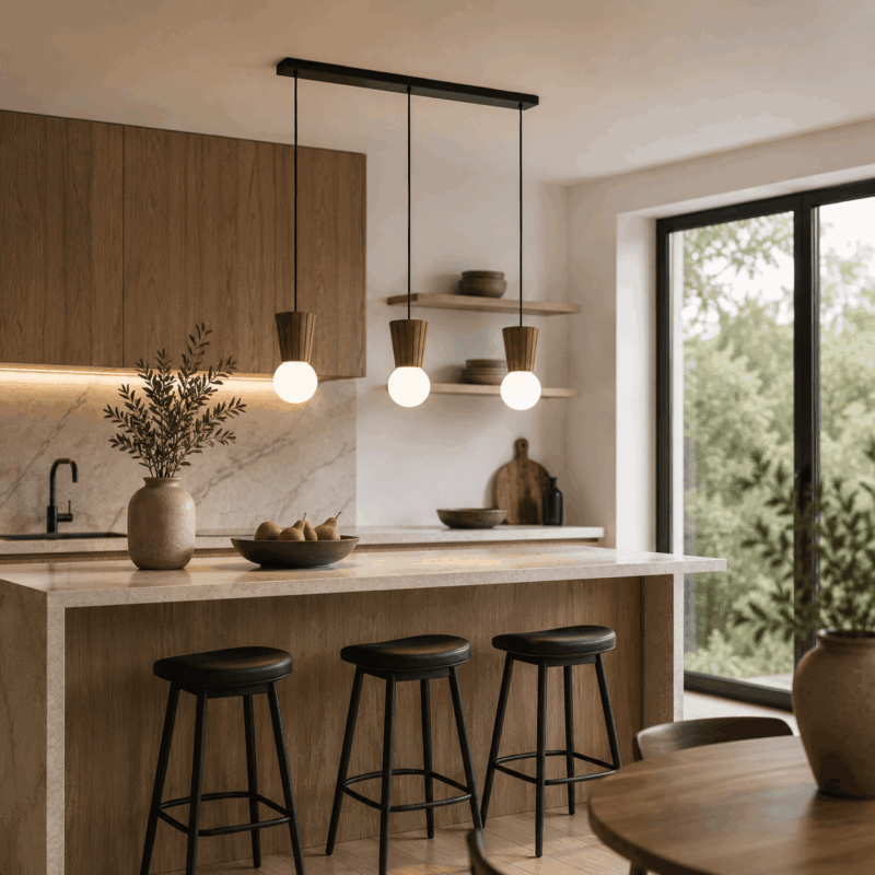 foltant 3 light pendant lamp, glass shades, dark wood, 90cm length