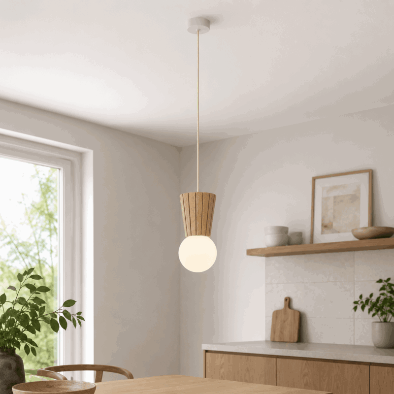 foltant single pendant lamp, light wood, opal glass shade, 12cm wide