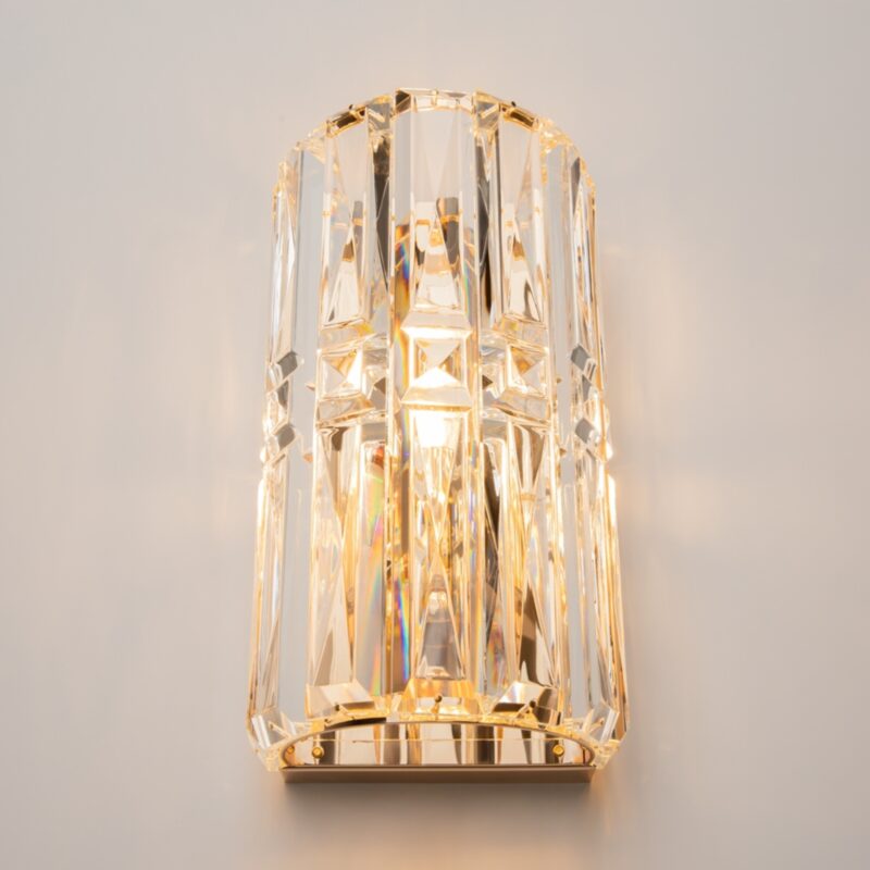 facet short wall light, gold metal, clear crystal glass, 1 lamp, 25cm wide
